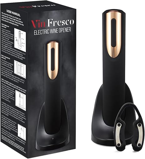 Vin Fresco Electric Wine Opener Rechargeable with Charging Base & Foil Cutter - Automatic Wine Bottle Opener - Electric Corkscrew Wine Opener - Wine Gift for Wine Lovers (Black & Rose Gold)