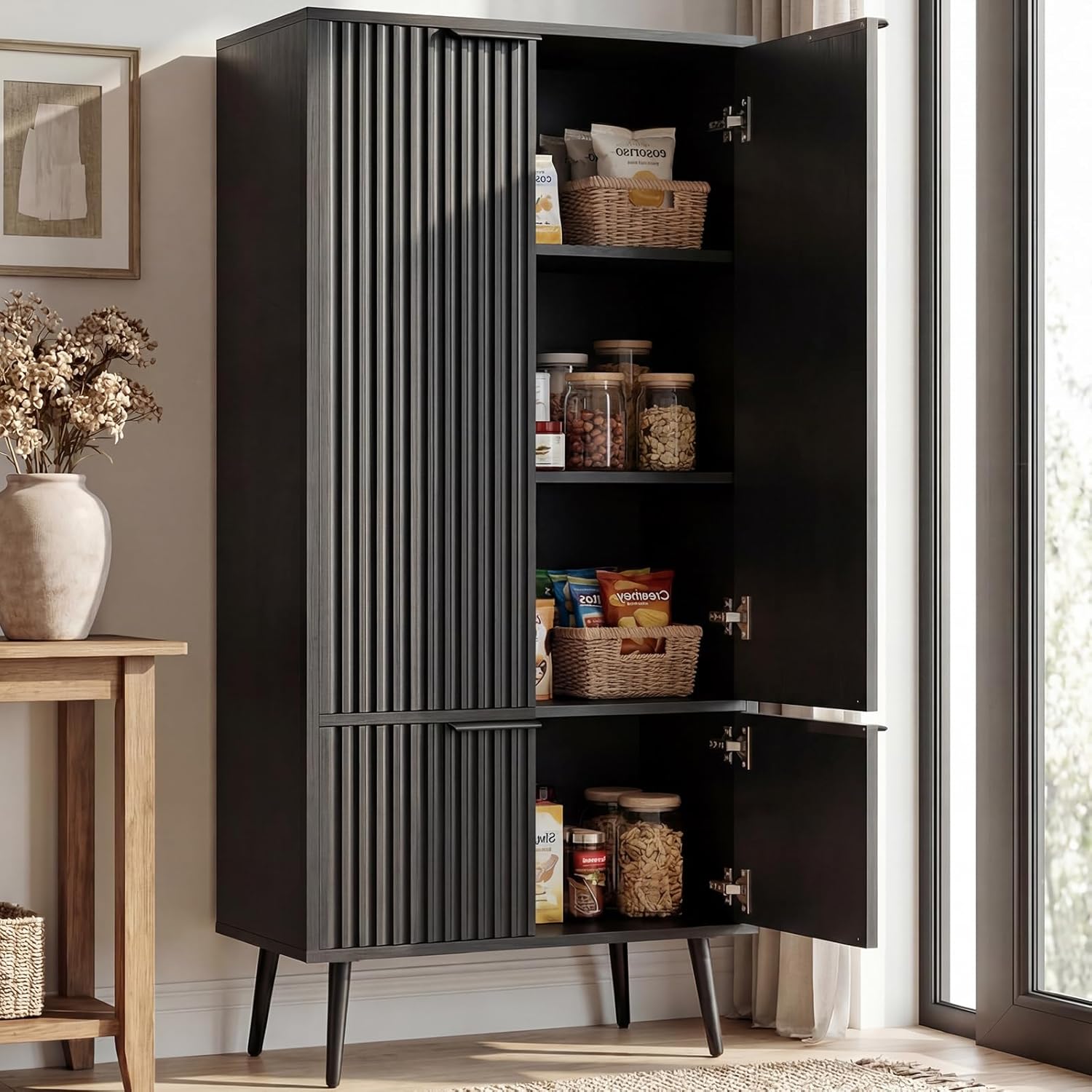 Foxemart Black Fluted 51" Tall Storage Cabinet, 4 Door Sideboard with Adjustable Shelves, Modern Accent Cabinet for Living Room, Dining Room, Entryway, Kitchen, Laundry