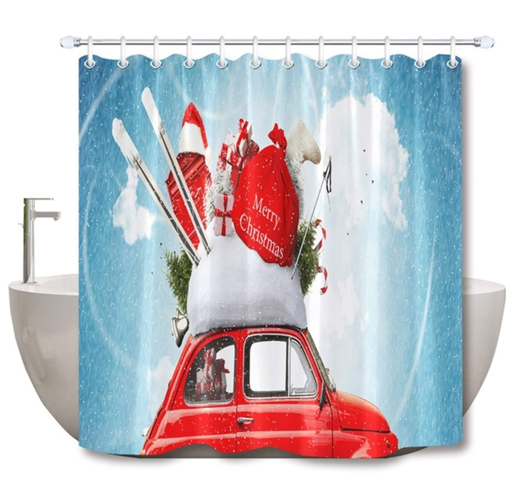 ZLWSSA 3D Waterproof Shower Curtain Funny Christmas Red Car Sant Claus With Gift Bag With Set 180x180cm