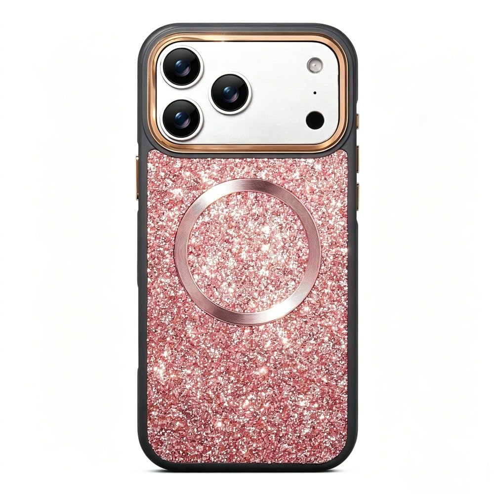 Coque iPhone 17 Pro Max silicone rigide rose aimantée antichoc pailletée