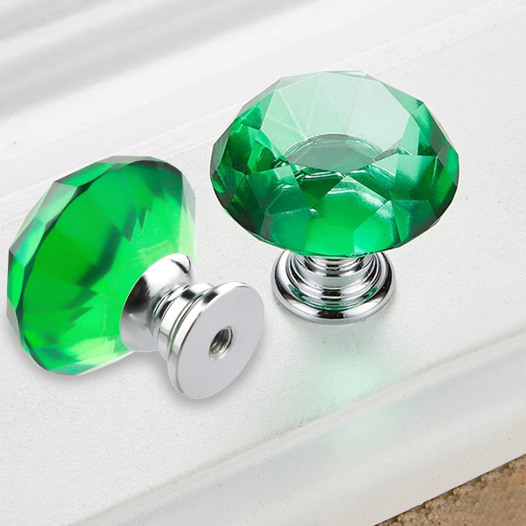 Green Crystal Glass Door Knobs Diamond Cut Drawer Pulls for Cabinet Wardrobe Drawer with M4x22mm Screws, 40mm 2 Pcs