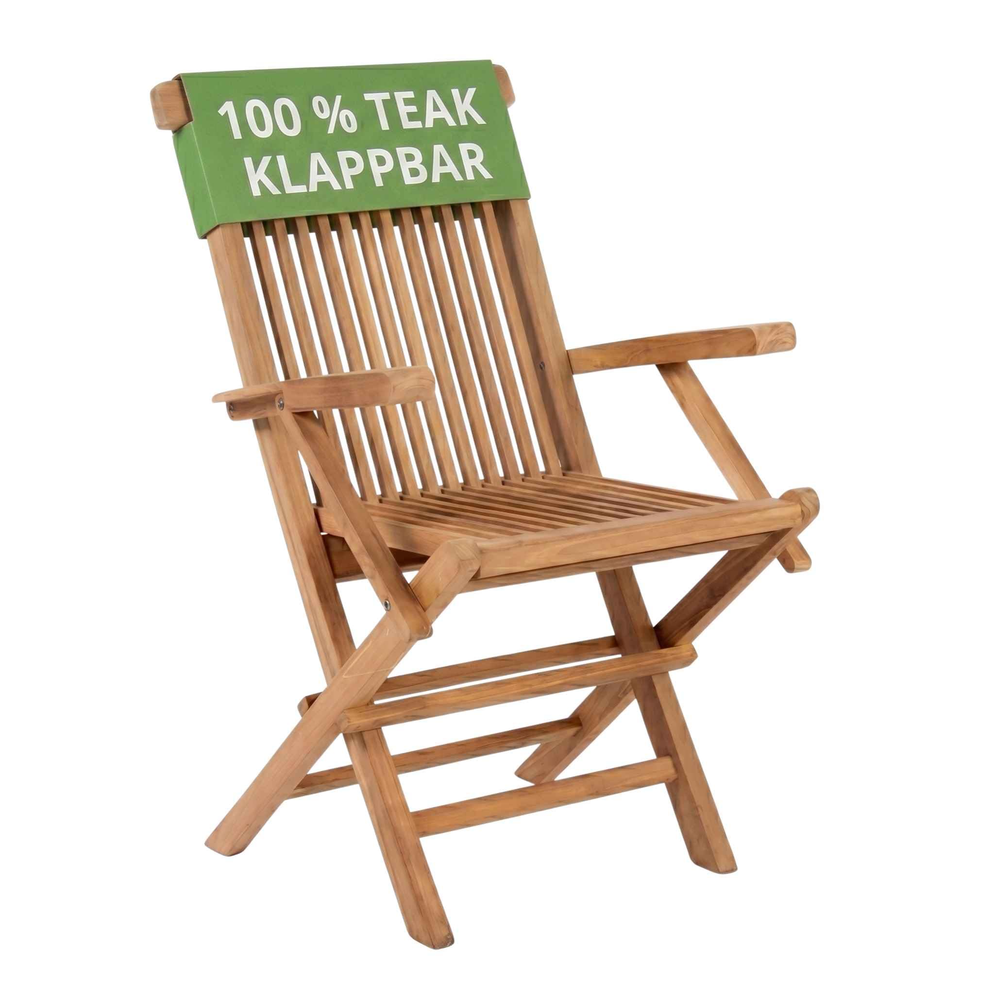 MR. DEKO Silla de Jardín Madera Teca Maciza Andover | Sillón Plegable Exterior con Reposabrazos Resistente Intemperie | Silla Terraza Balcón Camping Diseño Ergonómico Clásico 60x53x89cm Natural