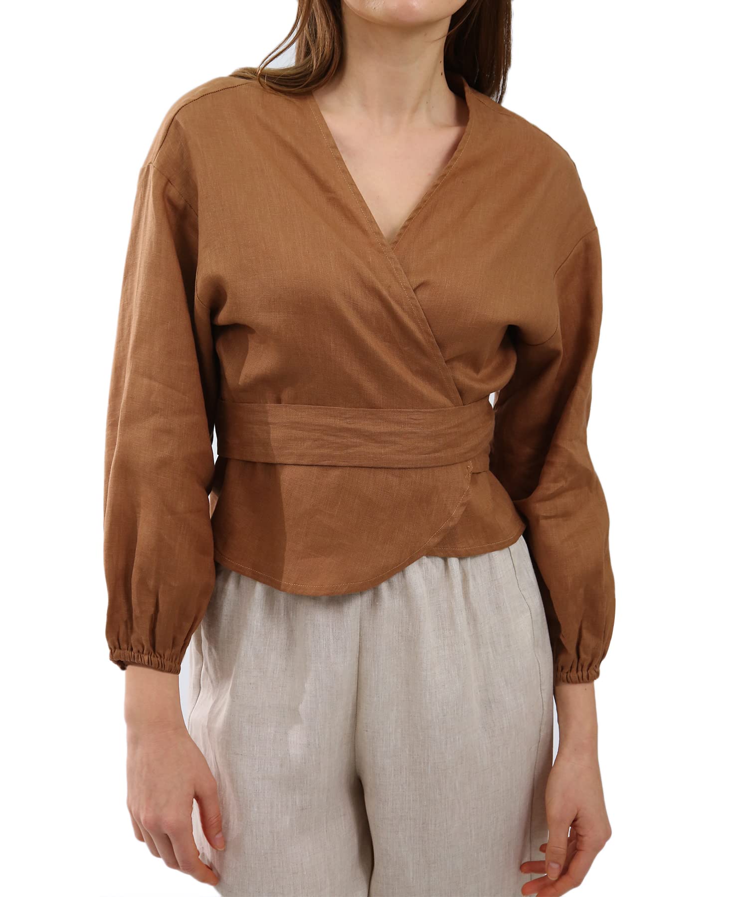 AmazhiyuWomens Linen Long Sleeve V Neck Wrap Shirts Self Tie Waist Tops Brown, X-Large