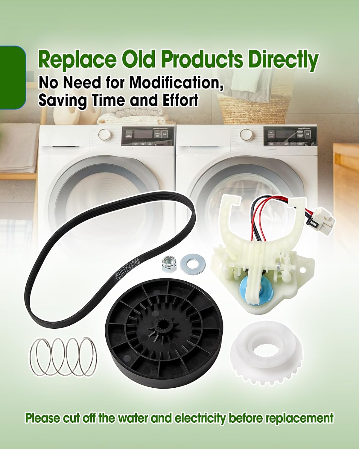 Washer Shift Actuator with Drive Belt & Clutch & Spring & Transmission Drive Pulley And Nut Replace WH03X30517 WH01X27538 WH05X24185 WH01X24434 WH03X32097 Fit for GE Hotpoint Washing Machine, 5 Pcs