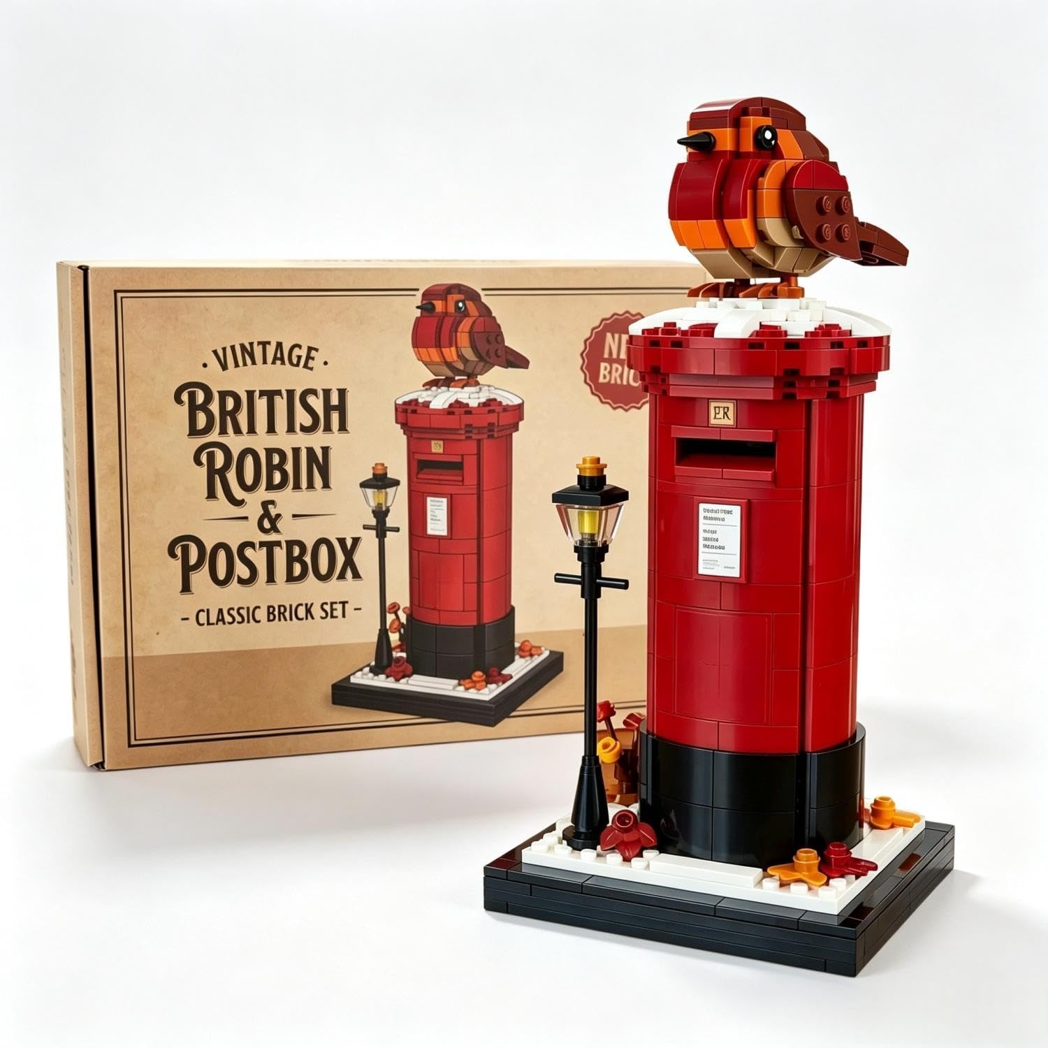 CHNNIjidser Vintage Postbox & Robin Brick Set,British Robin Red Postbox Building Blocks Set,400+ Pieces Standard Bricks,Retro London Mailbox & Bird Brick Model for Bird Lovers and Collectors