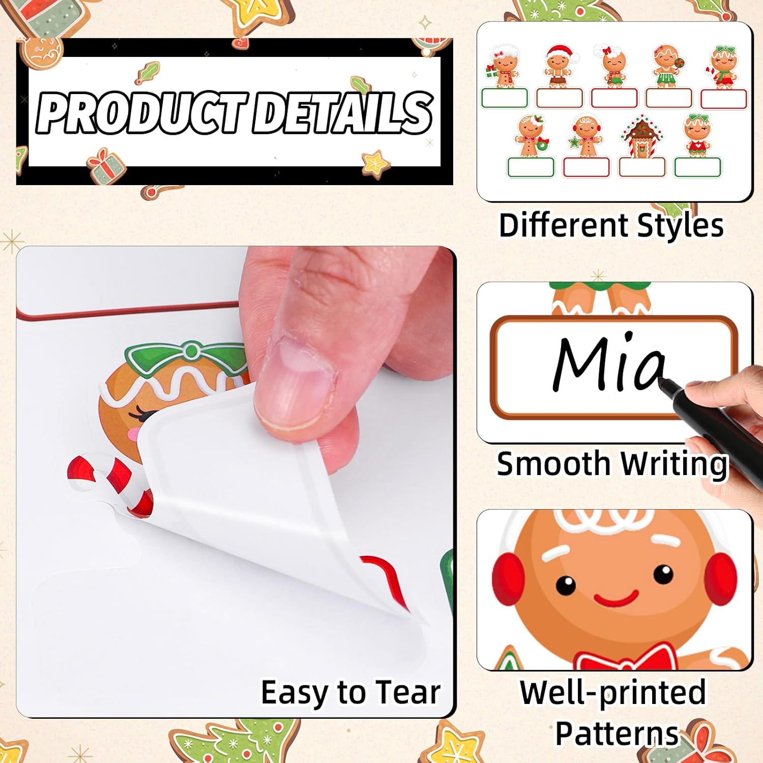 Whaline 108 Pcs Christmas Gingerbread Name Tags Gift Labels Cartoon Gingerbread Man Self Adhesive Name Tag Stickers for Xmas Present Holiday Decor - Image 3
