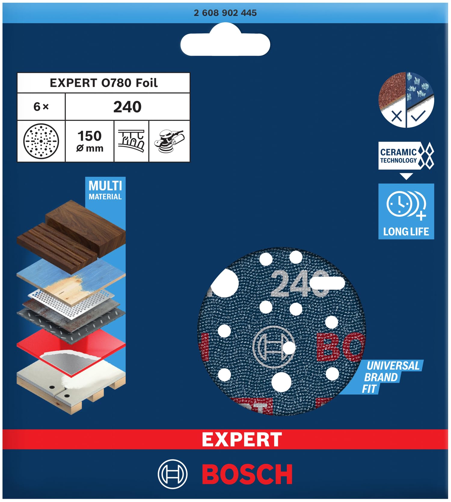 Bosch 50x EXPERT O780 tarcza szlifierska do folii, 150 mm (do twardego drewna, farba na drewnie, Ø 150 mm, ziarnistość 240, profesjonalne akcesoria szlifierka mimośrodowa)