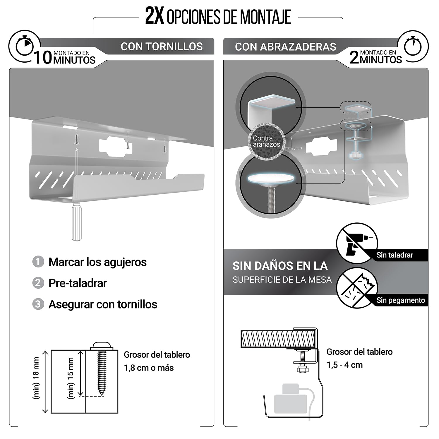 Bandeja de gestión de cables debajo del escritorio sin taladro, gestión de cables de escritorio, organizador de cables, gran capacidad de carga, bandeja de cables debajo del escritorio sin taladro