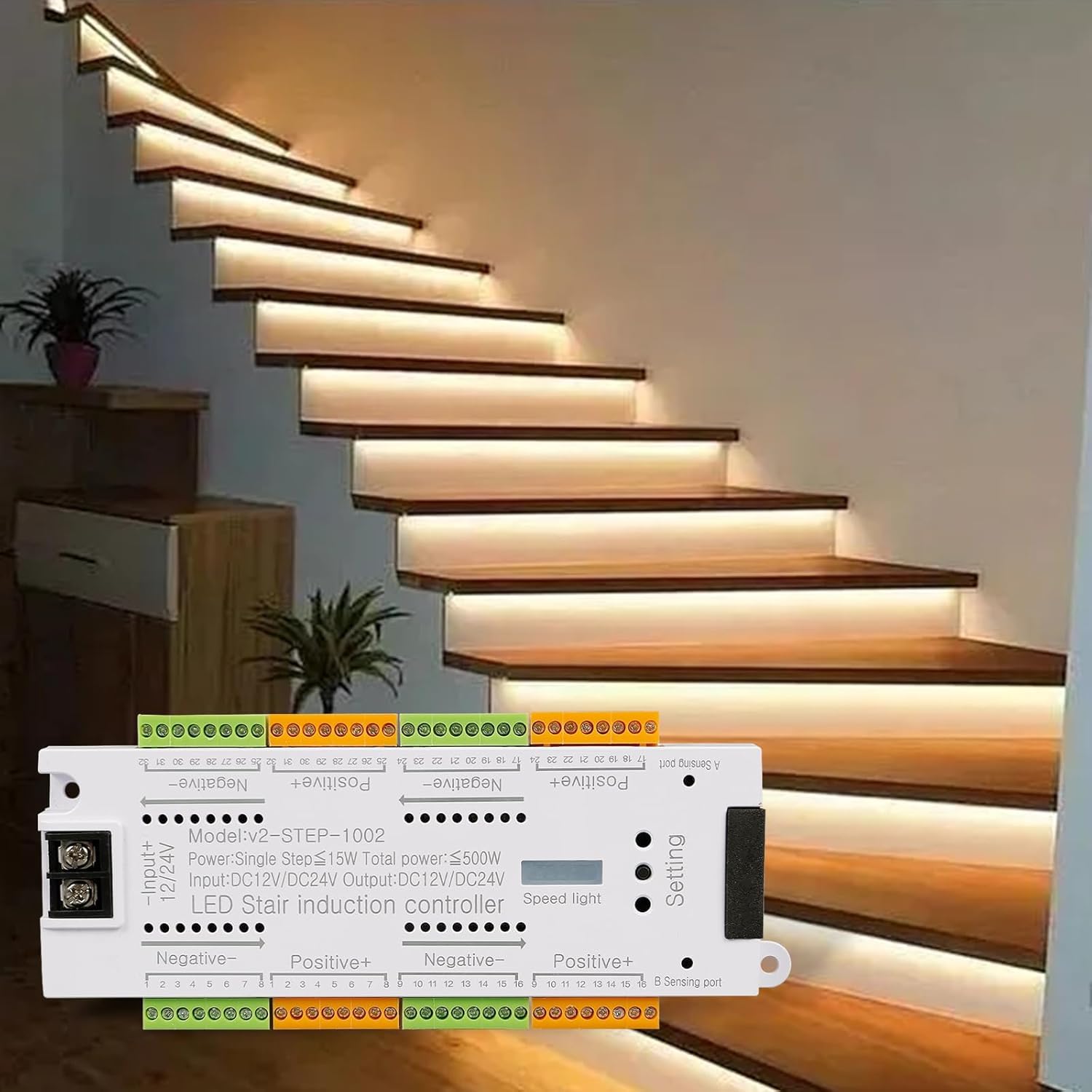 Blackt Electrotech BTST01: 32-Channel Smart Dimming Stairway LED Light Controller Kit with Motion Sensor – Automatic Step Lighting System for DC12-24V – Adjustable Speed & Brightness