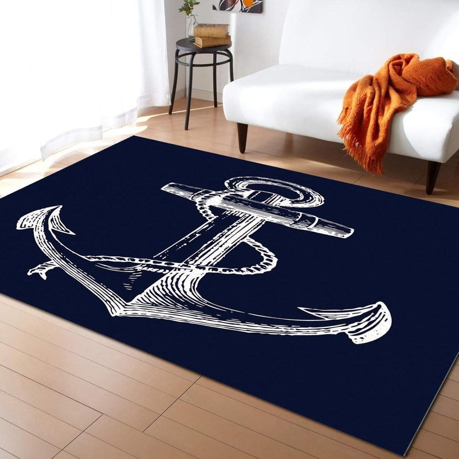 Nautical Anchor Navy Blue Area Rugs, Anchor Compass Large Rug, Indoor Non-Slip Kids Rug for Room Sofa Living Room Mat Bedroom Home Decor Floor Mats（2x3ft）