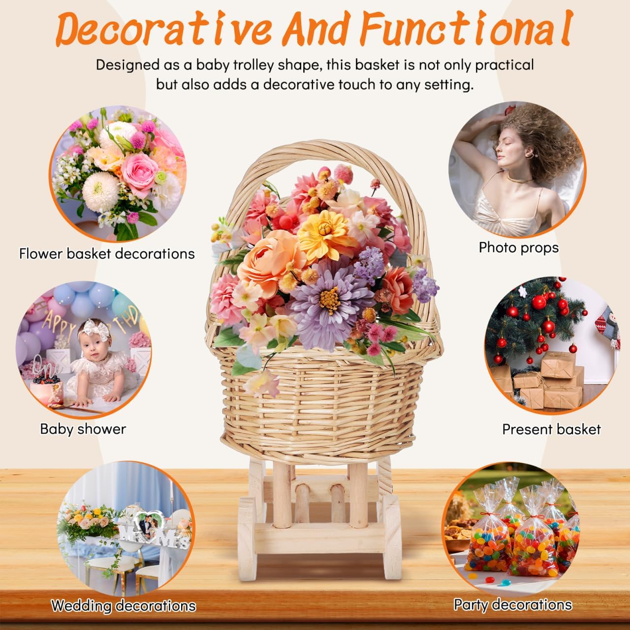Frcolor Stroller Shaped Flower Basket Woven Rattan Basket with Handle for Wedding Flower Girls Baby Shower Event Decoration 14.56X9.84X7.48In