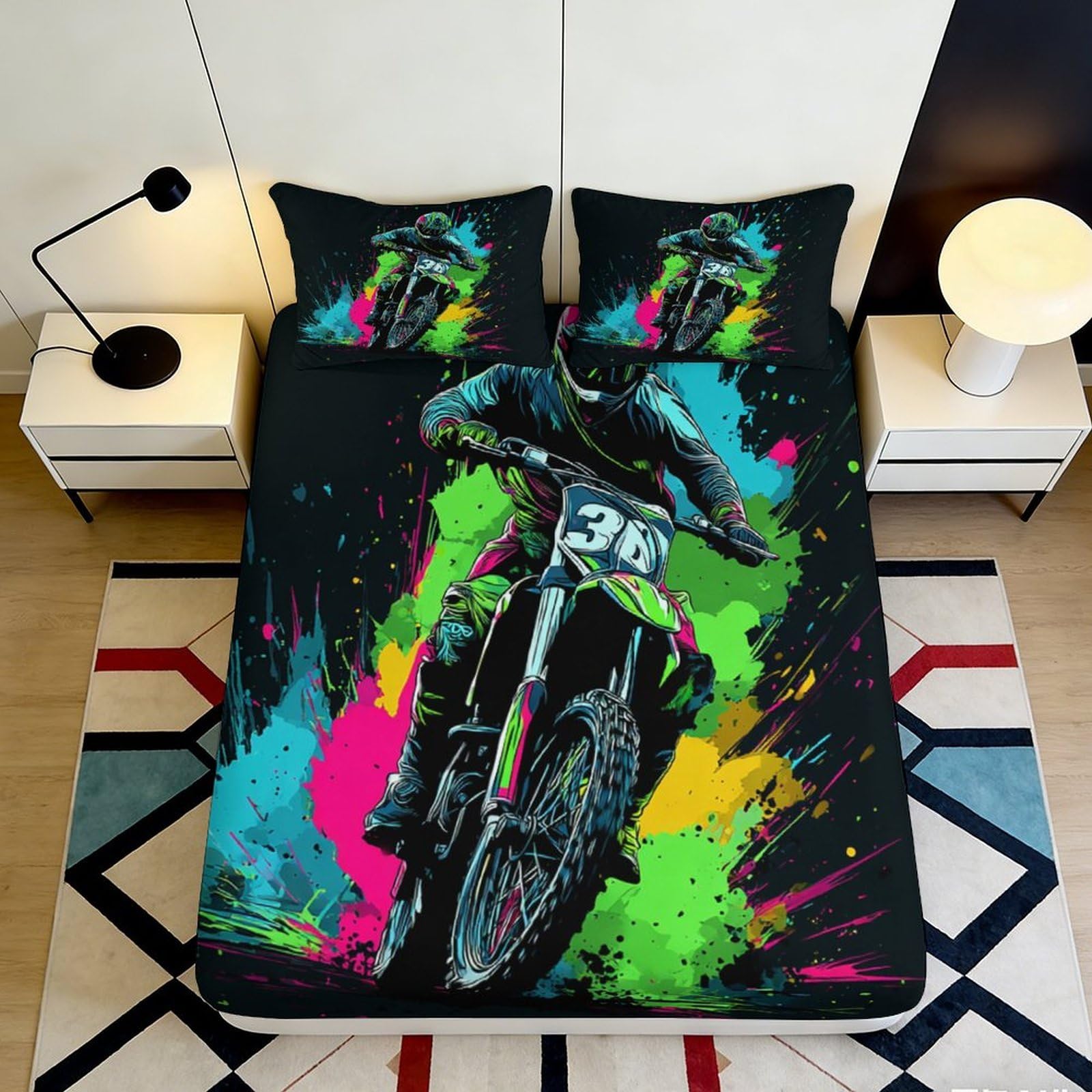 3D Printed Motocross Fitted Sheet Microfiber Durable Vibrant Dirt Bike Bed Cover for Bedroom Dormitory Guest Room Mattress Protection Decor 160x200x25cm