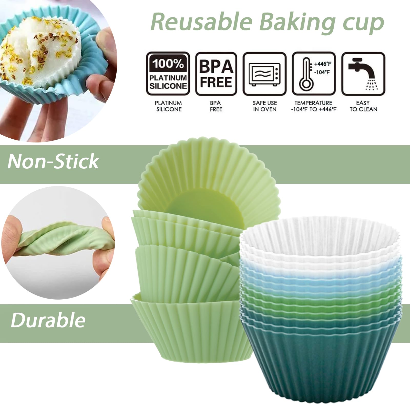 Tazas redondas de silicona reutilizables para hornear, paquete de 12 moldes de silicona reutilizables para magdalenas, antiadherentes, juego de moldes de silicona para cupcakes, tamaño estándar