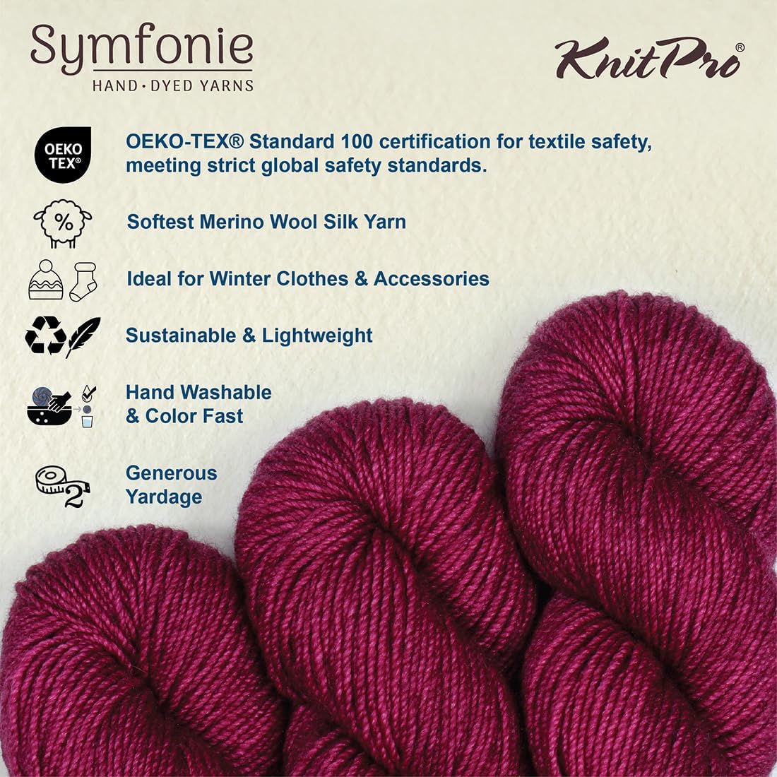 KnitPro Symfonie Hand Dyed Yarn | Extra Fine Merino Wool & Silk Blend for Knitting & Crocheting, DK Weight, Oeko-TEX Certified, Colorfast Fiber 182m, 100g Skein | Luna Semisolid Rubelite