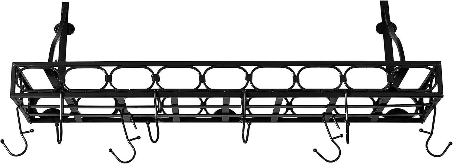 Old Dutch International Wall-Mount Bookshelf Pot Rack with 8 Hooks, Medium, Matte Black