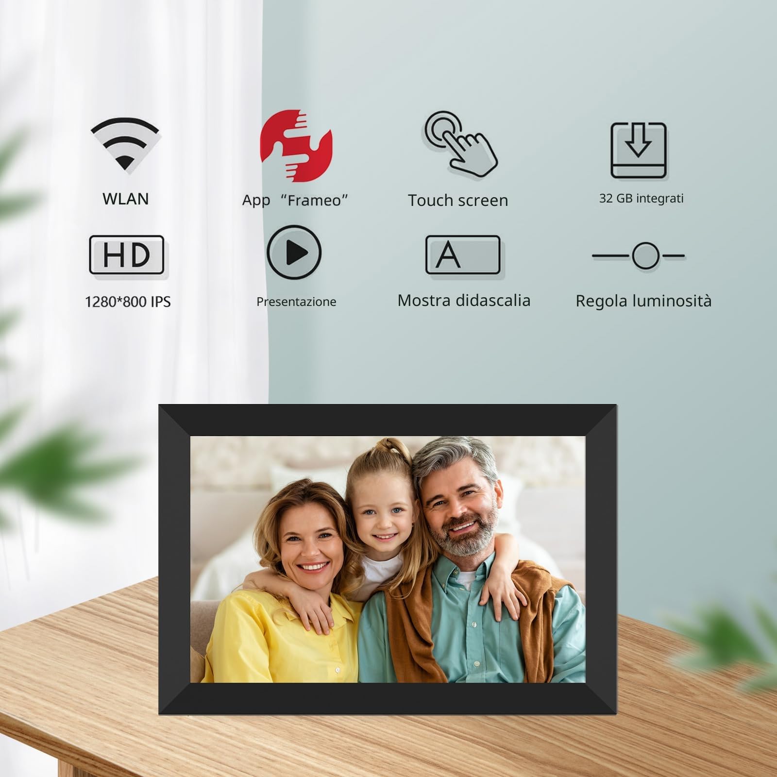 dxmart FRAMEO - Cornice per foto digitale WiFi da 32 GB, schermo LCD Touch WXGA IPS da 10,1", cornice per foto Smart Cloud con rotazione automatica, condivisione dei momenti tramite l'app Frameo