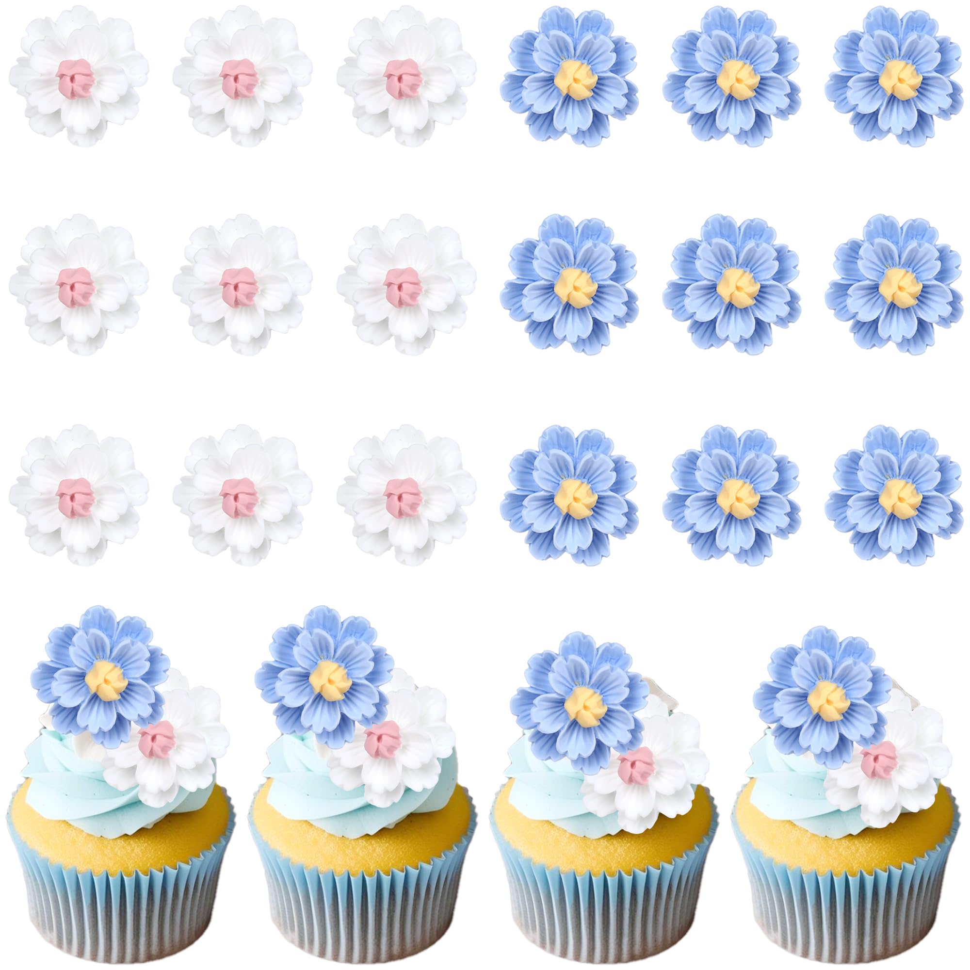 Xsstarmi 30 PCS Cherry Blossoms Cupcake Toppers Flower Cupcake Picks Wildflower Birthday Decorations for Bridal Shower Engagement Baby Shower Birthday Party Cake Decorations Supplies Blue White