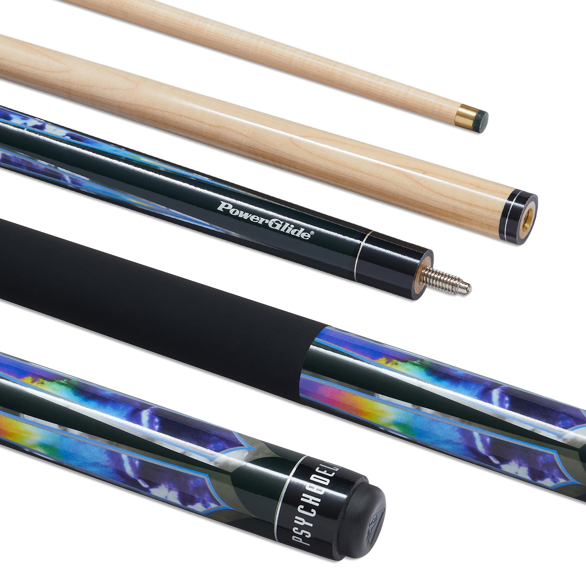 POWERGLIDE One 2-Piece Pool Cue Stick | Psychedelic | Maple Wood Shaft & Ramin Butt with Decal | Pool Joint with Plastic Collar | Full Size 57" | 10 mm Tip — image 1