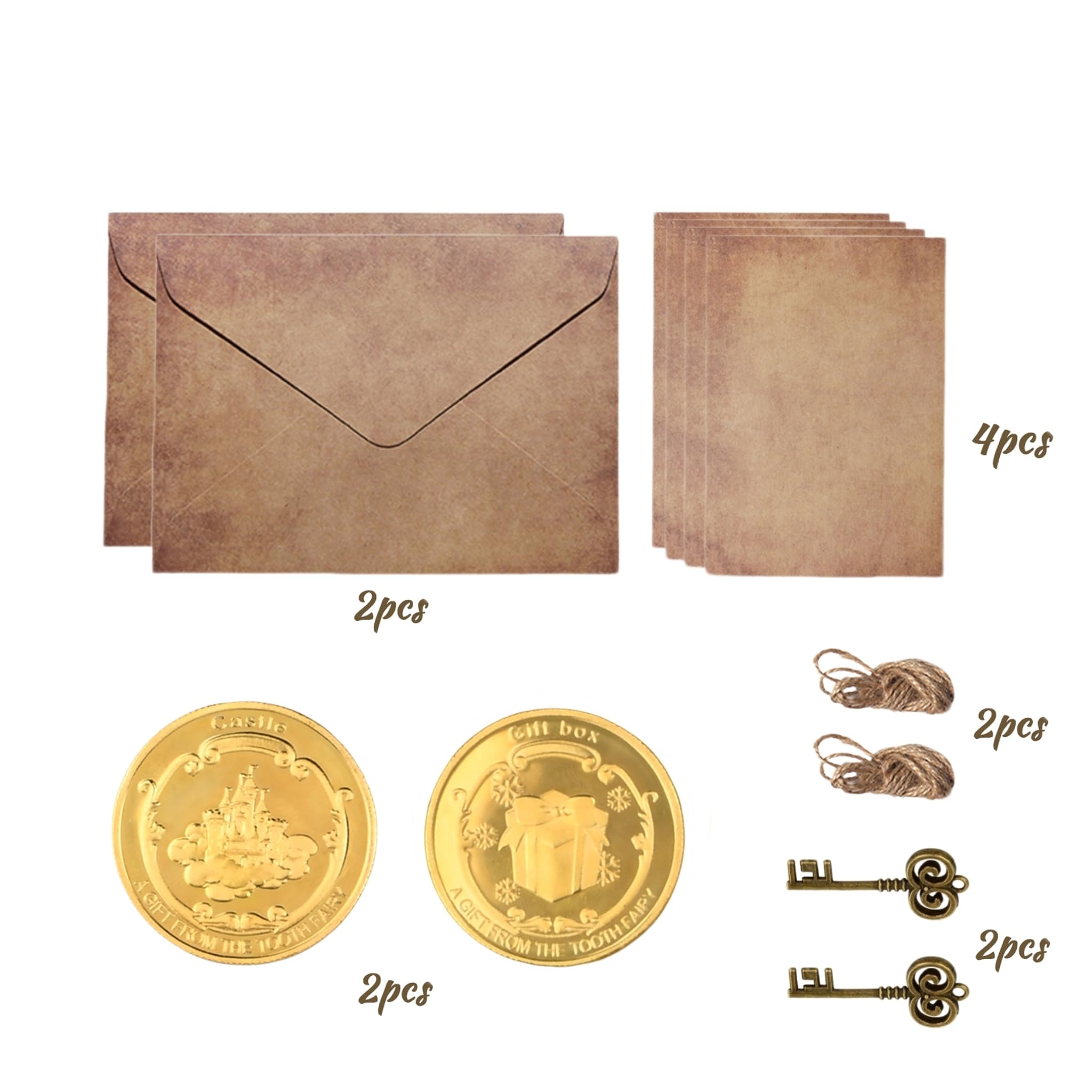 Dewocke Tooth Fairy Gift Set, Gold Fairy Coins for Kids With Vintage kraft Paper Envelopes and Letter Paper, Tooth Receipts - Image 3