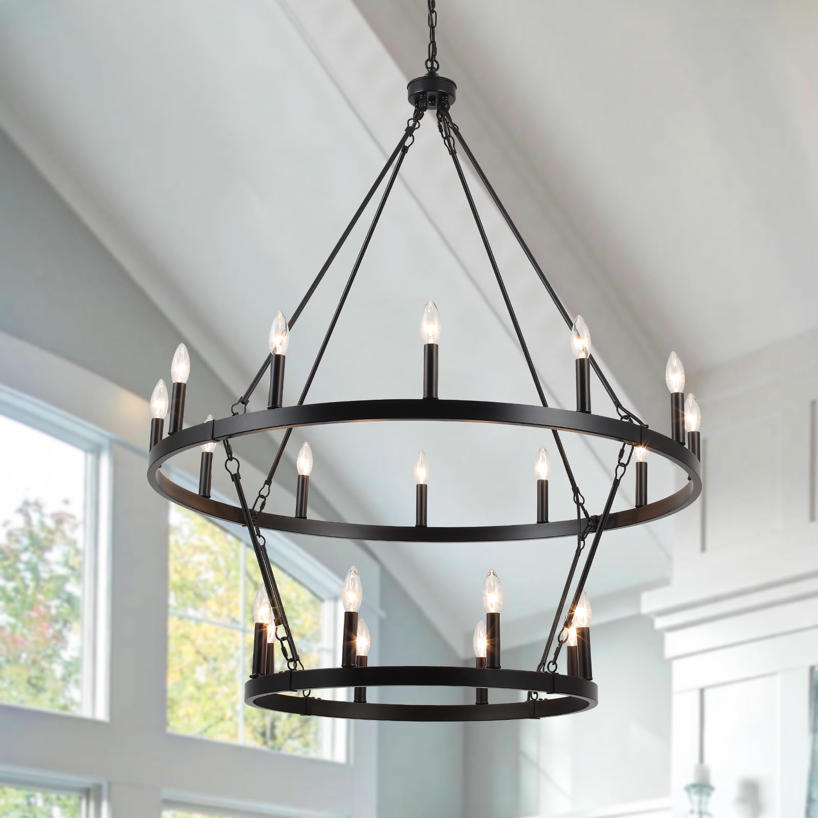 Black Wagon Wheel Chandelier 2 Tier 20-Lights Farmhouse Industrial Round Pendant Light Fixture for Living Room Dining Room Kitchen Island Foyer