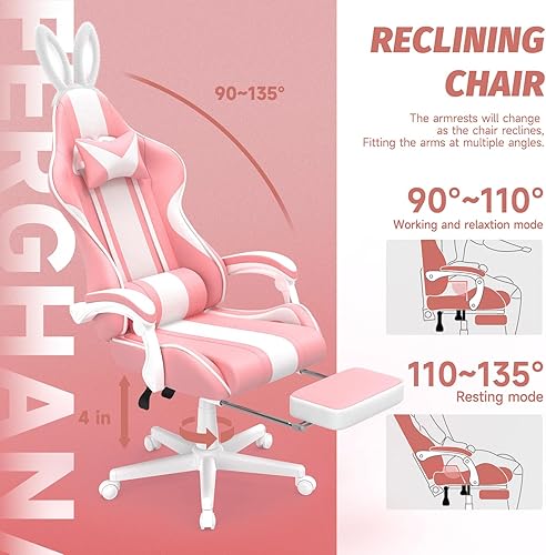 Miniatura 8 de Ferghana Silla Kawaii rosa para juegos con orejas de conejo, ergonómica y bonita silla para jugadores con reposapiés y masaje, silla reclinable de