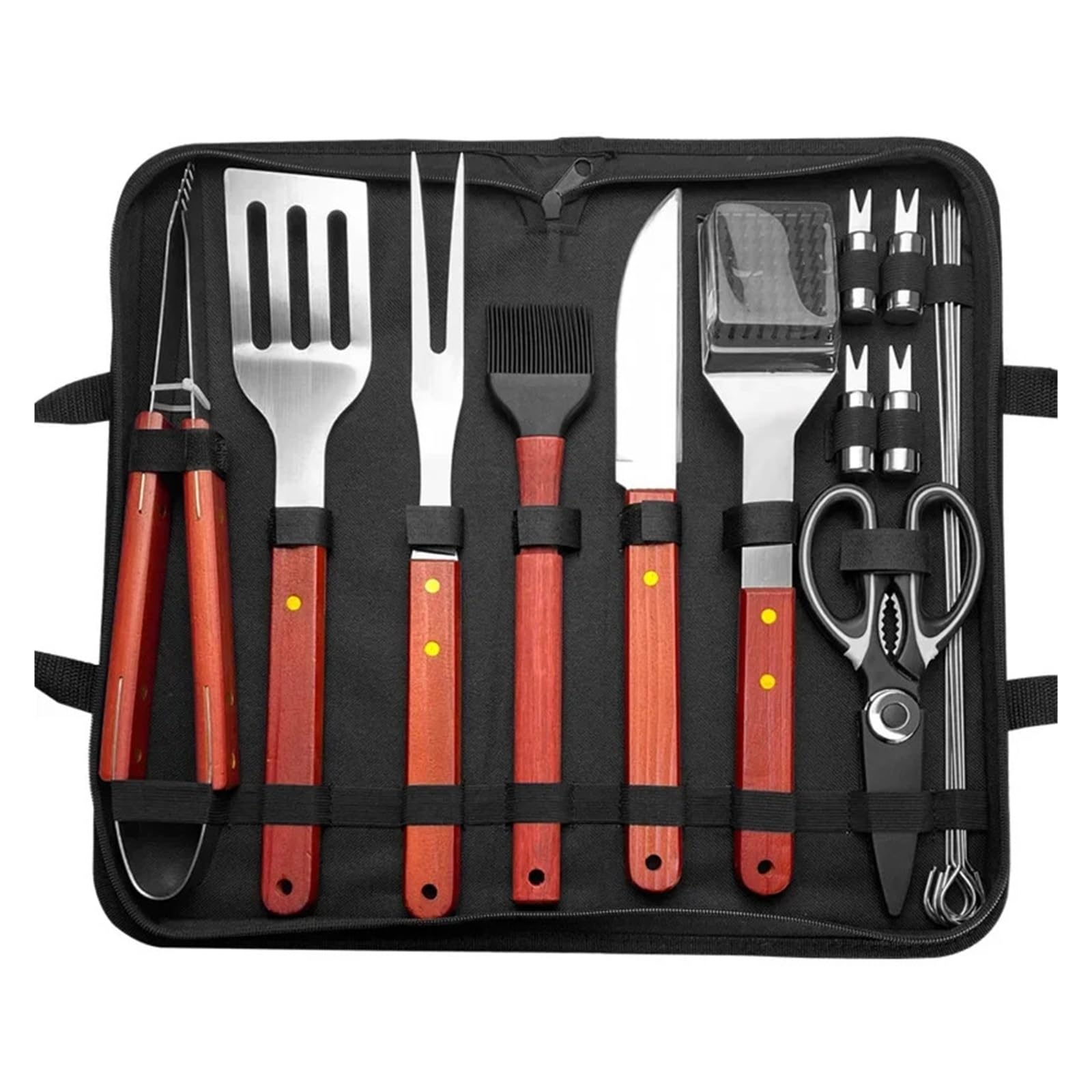 Generisch Outdoor-Camping-Grillbesteck-Set aus Edelstahl mit Holzgriff, bestehend Grillgabel, Schaufel und Klemme(18-piece Baking Set PE1)
