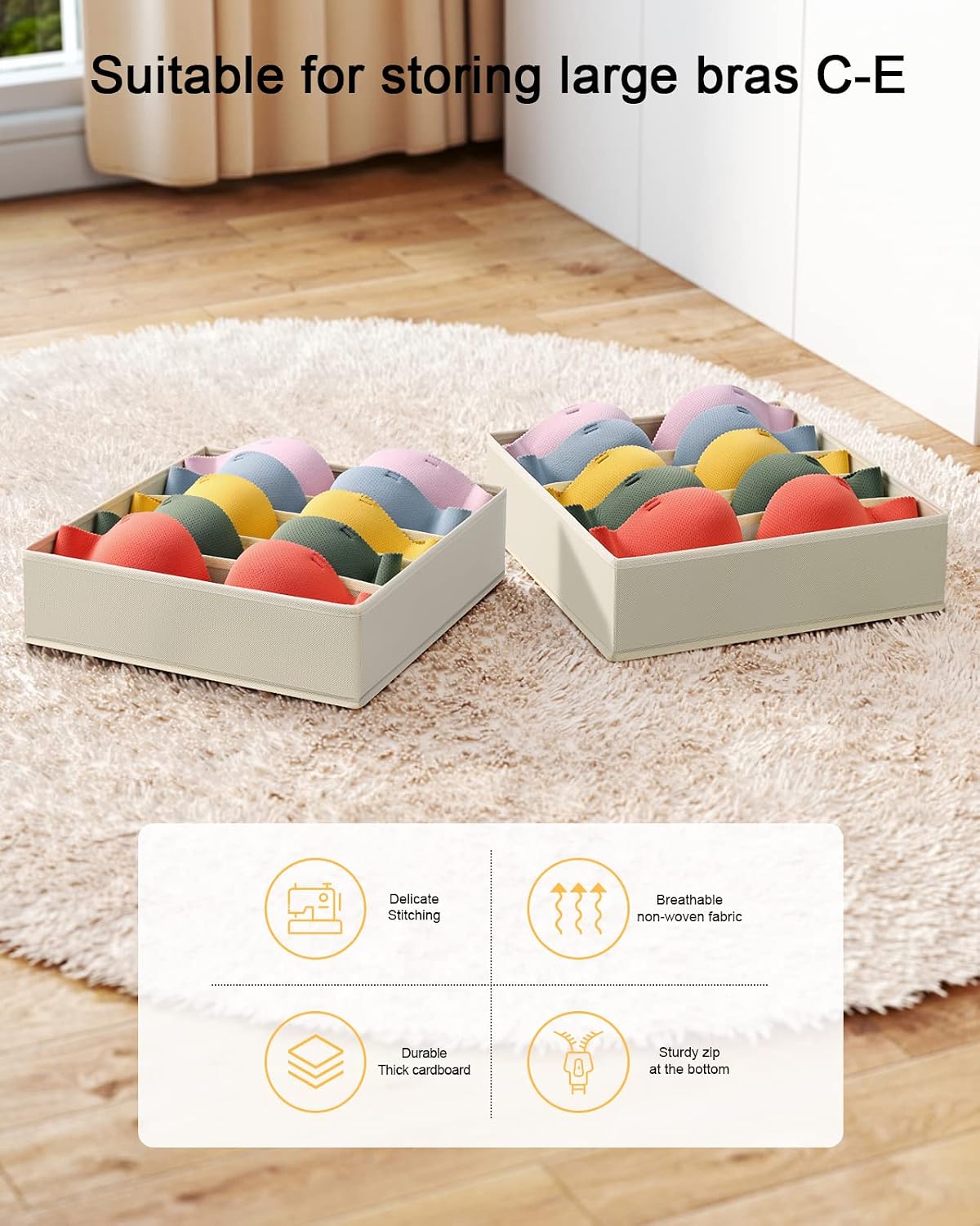 DIMJ Bra Underwear Drawer Organizer Divider, 2 Pack Large Bra Storage Box with 5 Cells, Foldable Closet Organizers Storage Bins for Bras (C-E Cup), Beige
