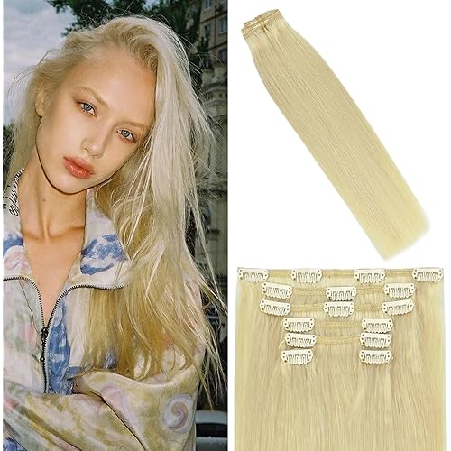 WindTouch Clip in Hair Extensions Real Human Hair 115g Long Hair Extensions Platinum Blonde Hair Extensions Clip in 7pcs 22 inch Blonde Clip in Hair Extensions Real Human Hair