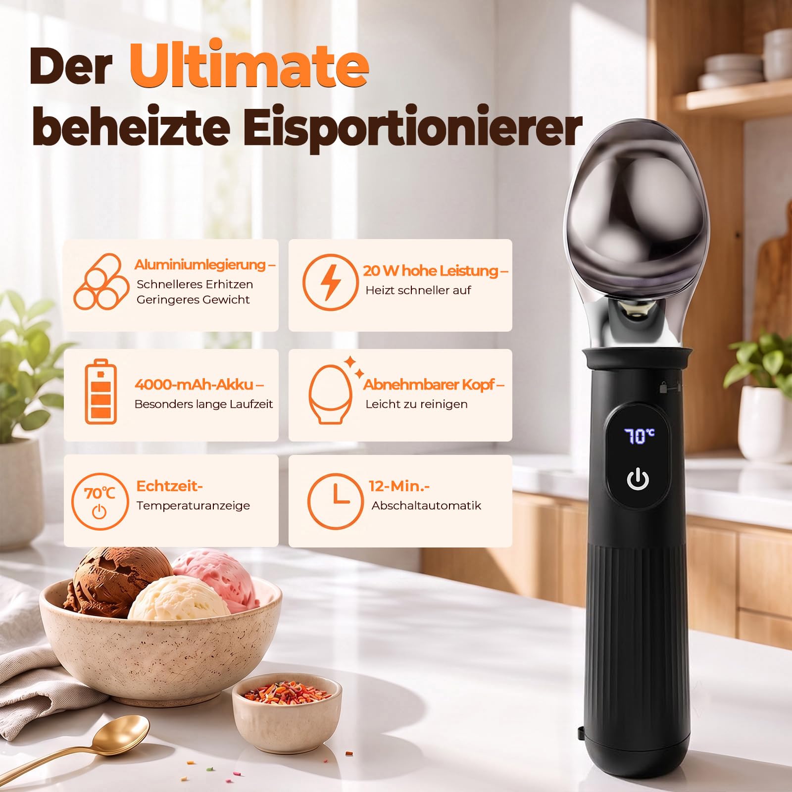 MQFORU Beheizbarer Eisportionierer,4 Heizstufen eislöffel portionierer