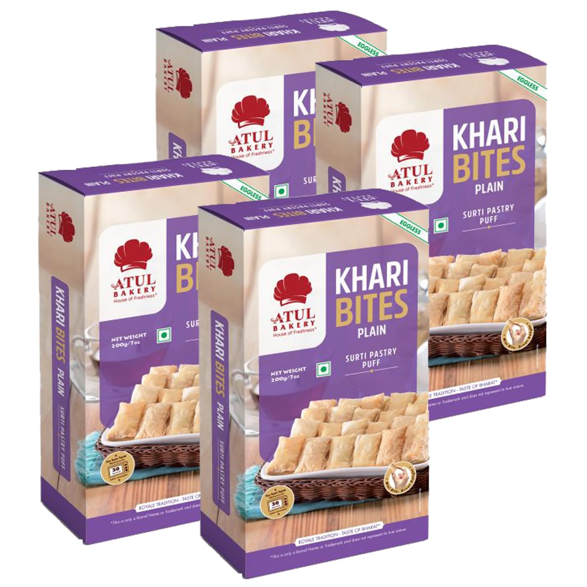 Atul Bakery Khari Bites Plain, Khari With a Plain Flavor, Surti Pastry Puff, Ready-To-Eat Snacks, Perfect For Any time Tea Snacks, Indian Origin-200G (Pack of 4)