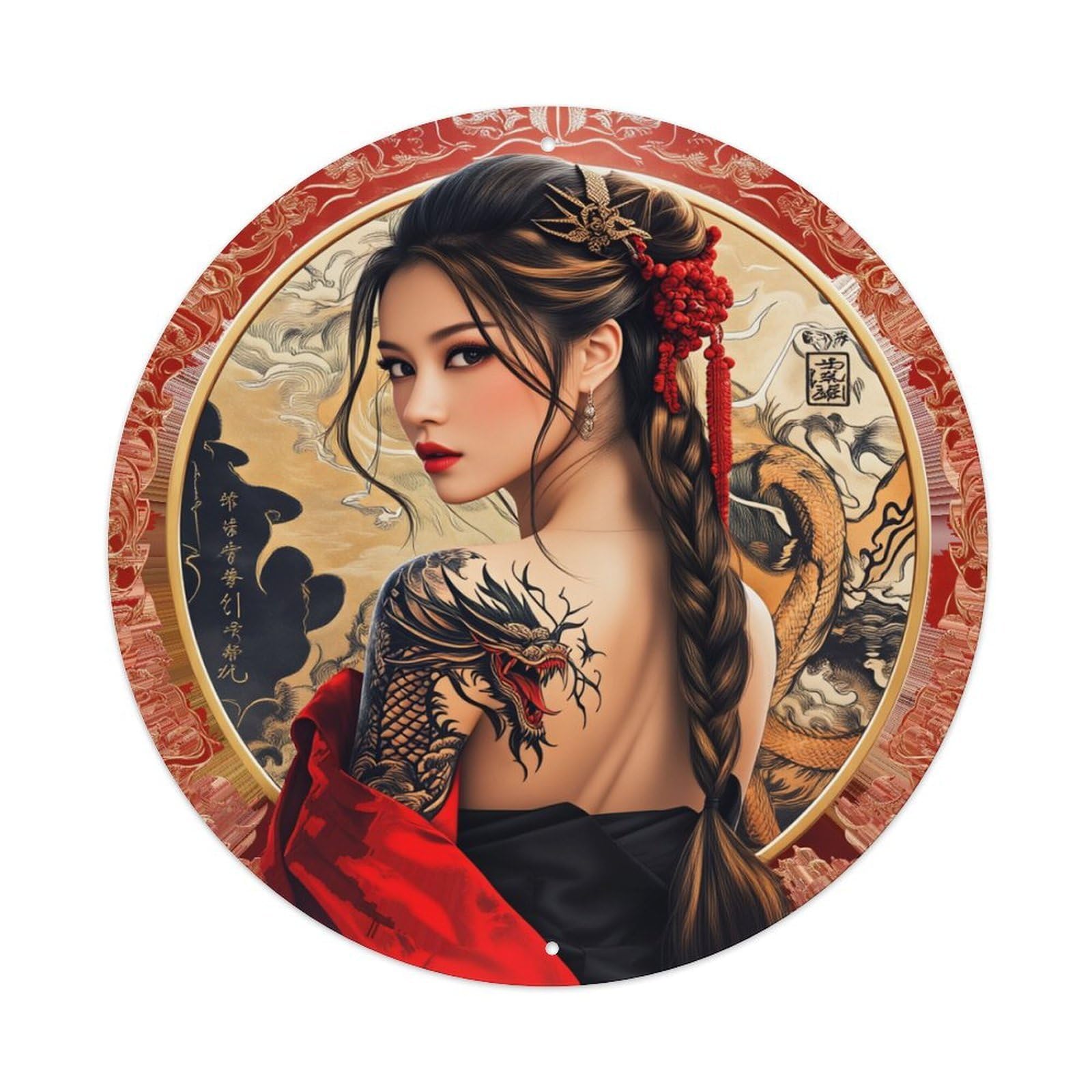 Dragon Tattoo Red Silk Background Round Tin Sign Retro Metal Sign for Cafe Bar Pub Home Game Room Gym Club Wall Decoration Vintage Metal Poster 8x8 Inch