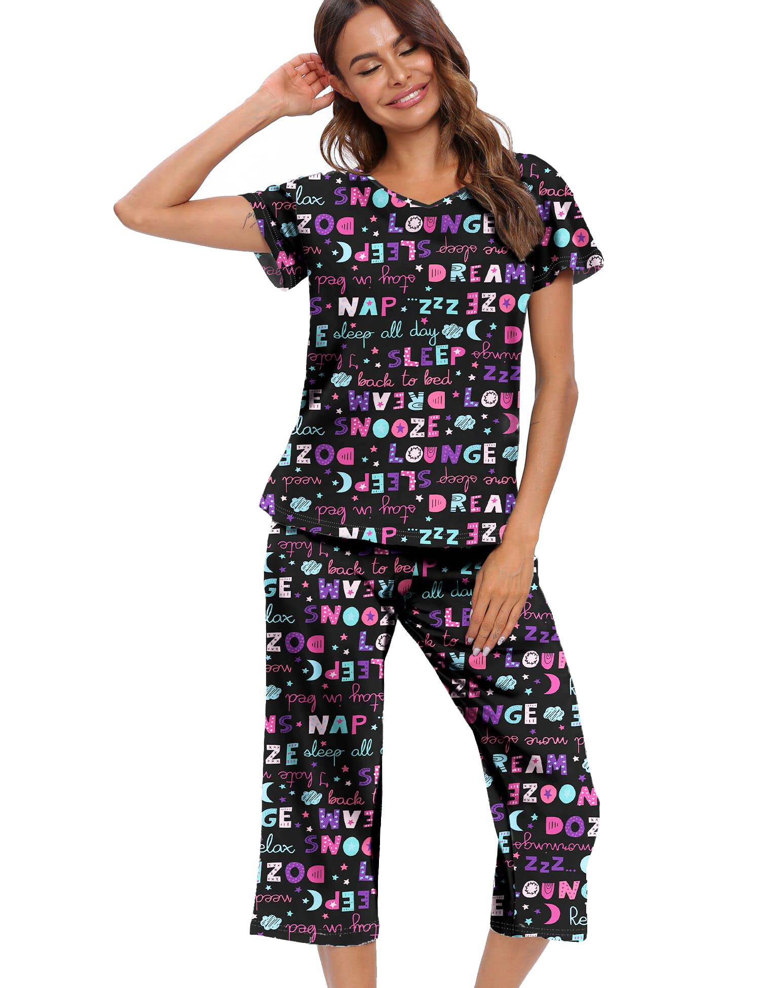 ENJOYNIGHT Womens Pajama Sets Cotton Summer Pjs Tops with Capri Pants Sleepwear