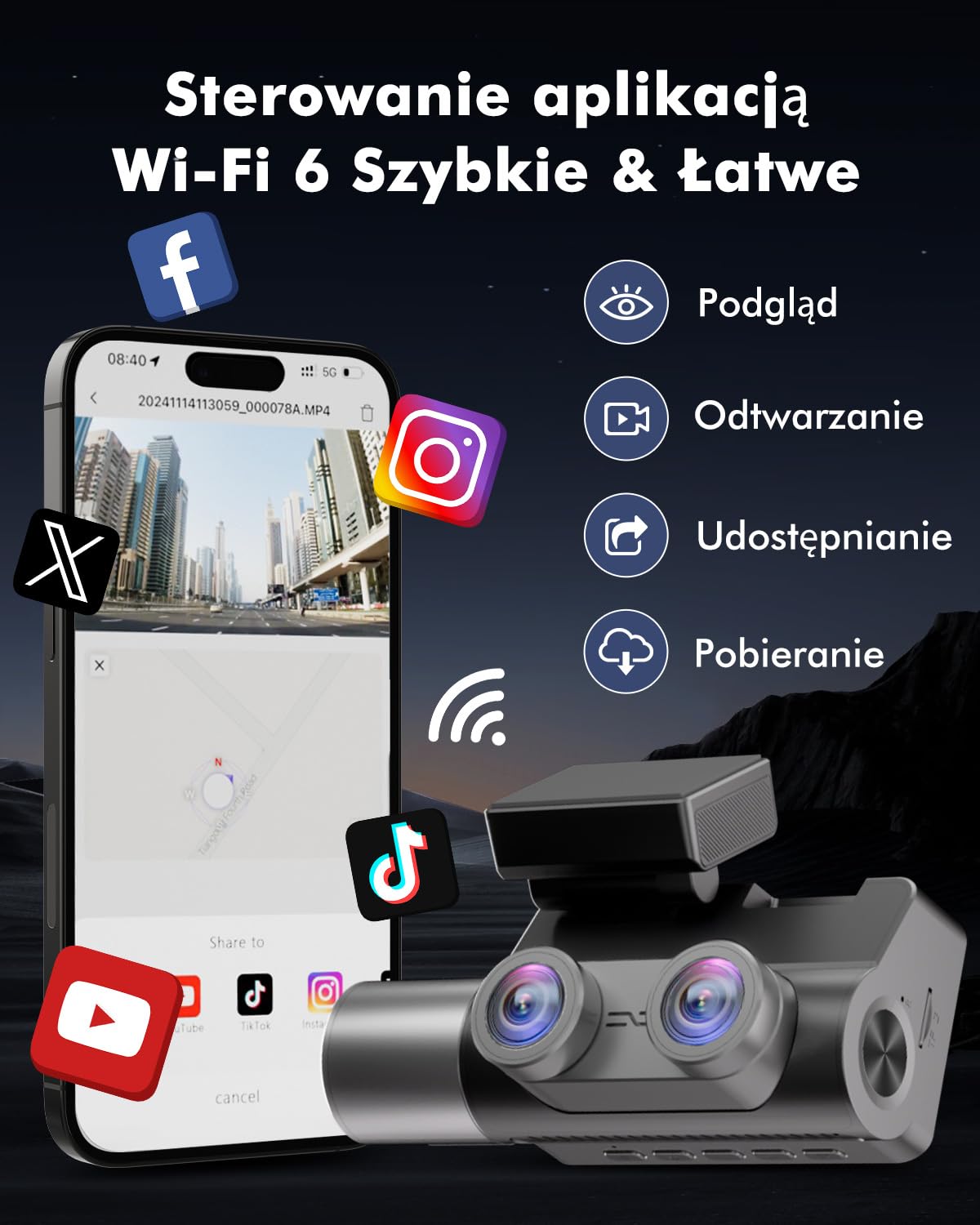 3-Kanałowa Kamera Samochodowa, 4K UHD Z przodu + Full HD Z tyłu + Wnętrze, Kamera samochodowa z 24-godzinnym trybem parkingowym, WiFi 6 i GPS, Dashcam IPS 3 cale z kartą 64 GB (V1)