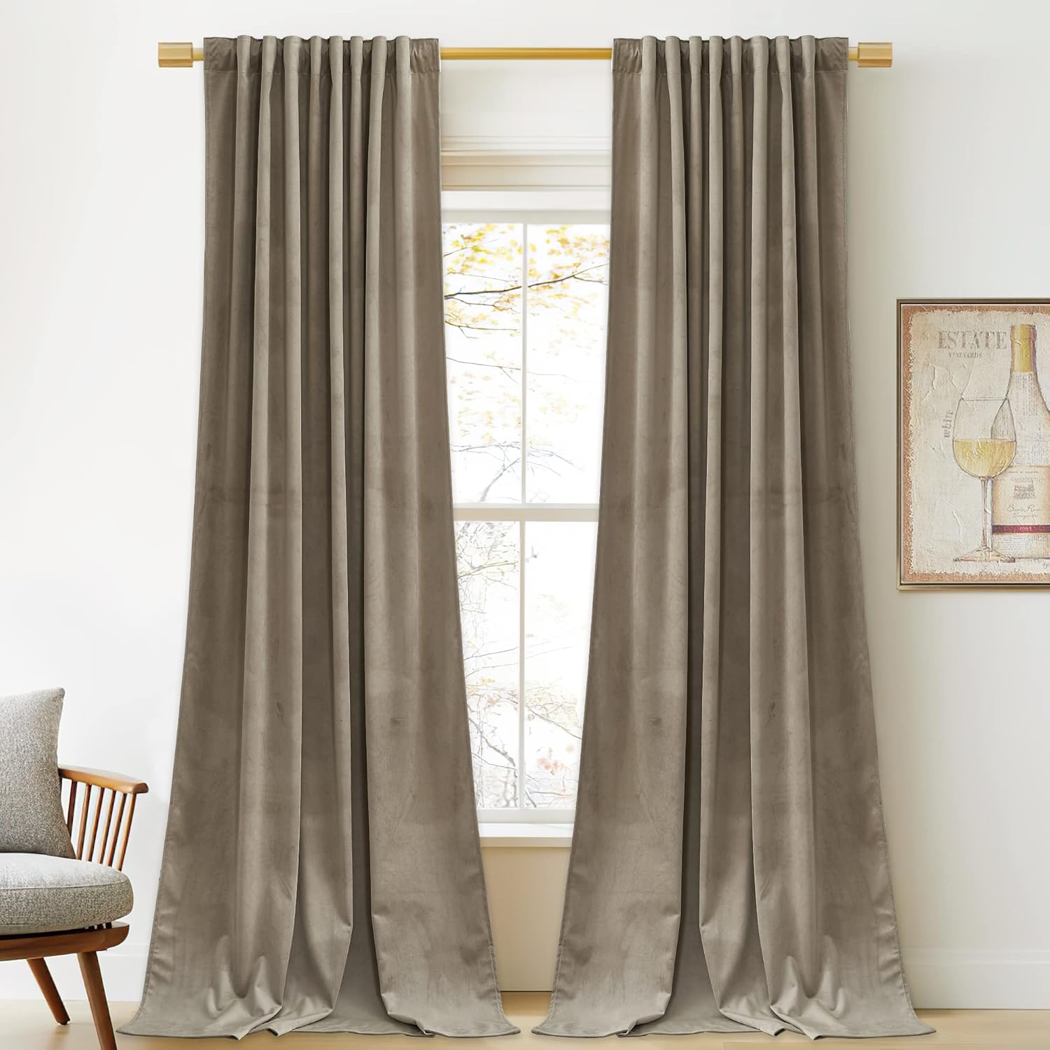 StangH Luxury Camel Beige Velvet Curtains 96 inches Long - Super Soft Velvet Drapes Heat & Light Blocking Thermal Insulated Window Treatment for Bedroom/Sliding Glass Door, W52 x L96, 2 Panels