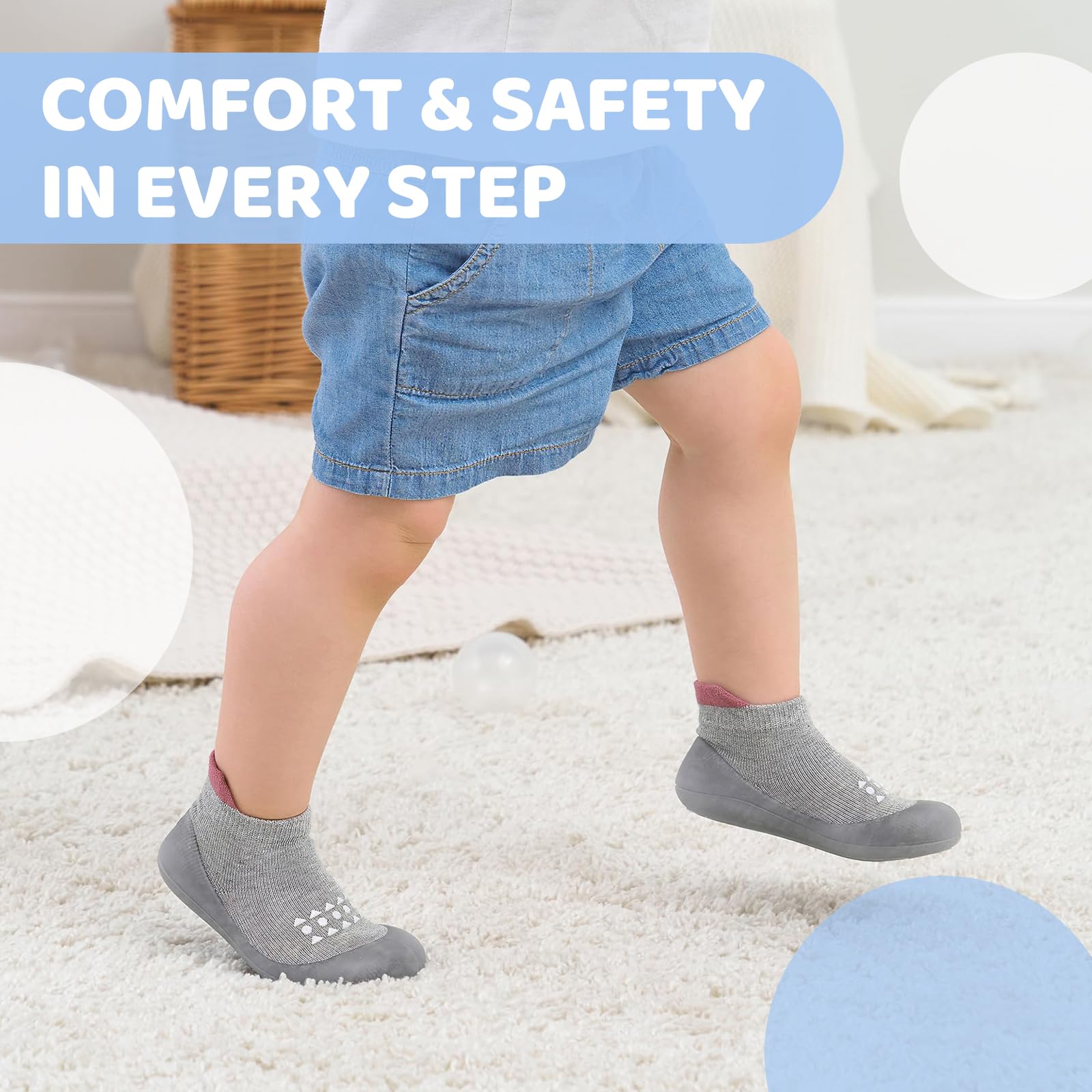 Kabwea 1 paire de chaussons bébés gris, chaussures premiers pas pour tout-petits, chaussons antidérapants, chaussettes antidérapantes enfant, chaussettes bébé antidérapantes