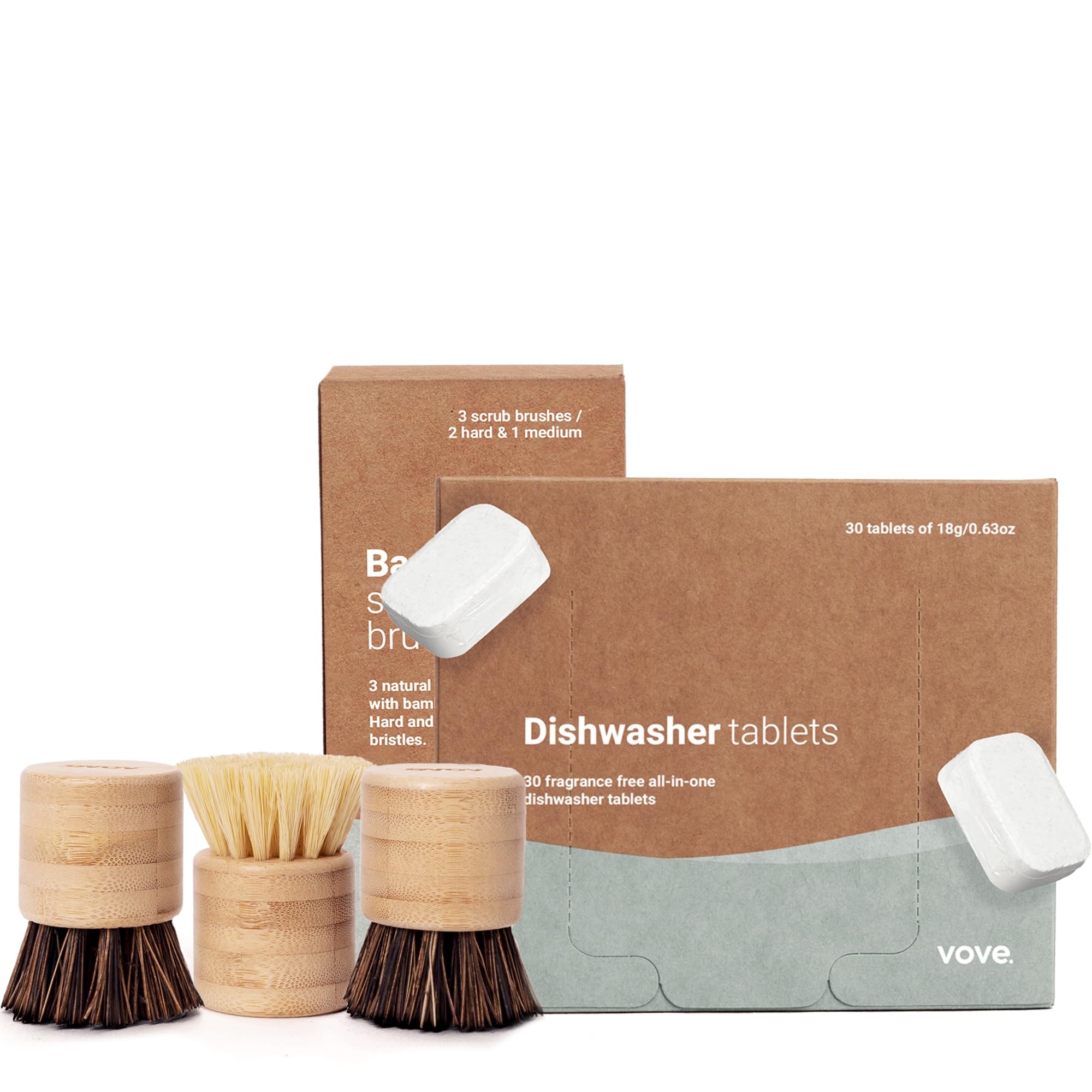 Vove | Cleaning Power Bundle | Scrub Brush Set with 3 Brushes & 30 Dishwasher Tablets | Eco-Friendly Cleaning | Natural Fiber | Powerful Stain Removal