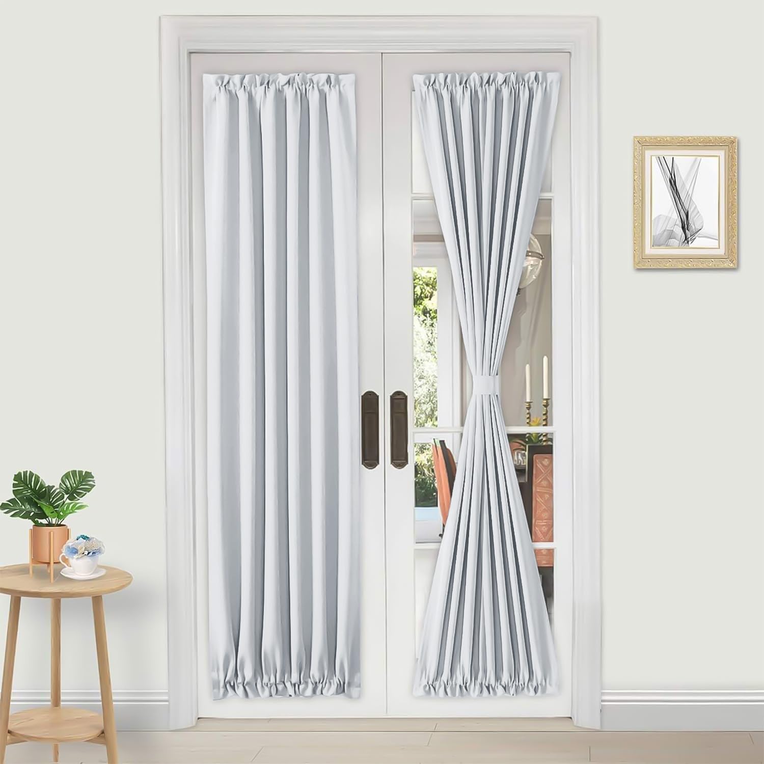 DWCN French Door Curtains – Rod Pocket Thermal Curtain for Doors with Glass Window, Kitchen and Patio Doors for Privacy, 30 X 64 Inches Long, 1 Curtain Panel with Tieback, Greyish White — image 1
