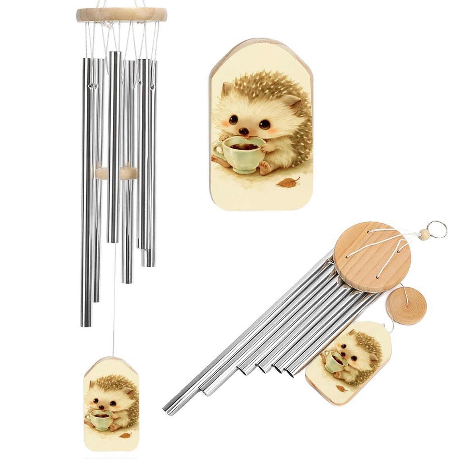 Cute Hedgehog Holding A Pale Green Teacup Wind Chimes Memorial Deep Tone Windchime with 6 Aluminum Tubes Outdoor Backyard Garden Decoration