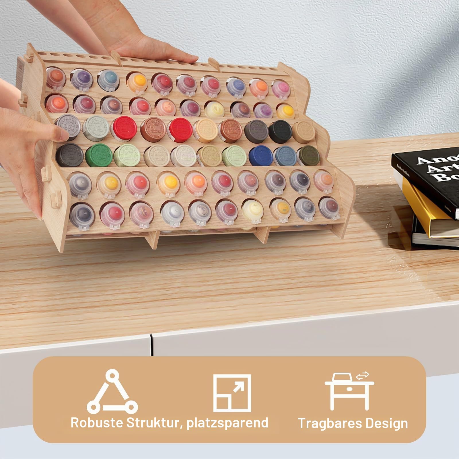 Großer Farb-Organizer aus Holz mit 60 Flaschen, 60 Flaschen, Pinselregal für Acryl, Öl, Handwerk, Hobby, Mini-Modellfarbe, Mal-Organizer für Künstler (horizontal)