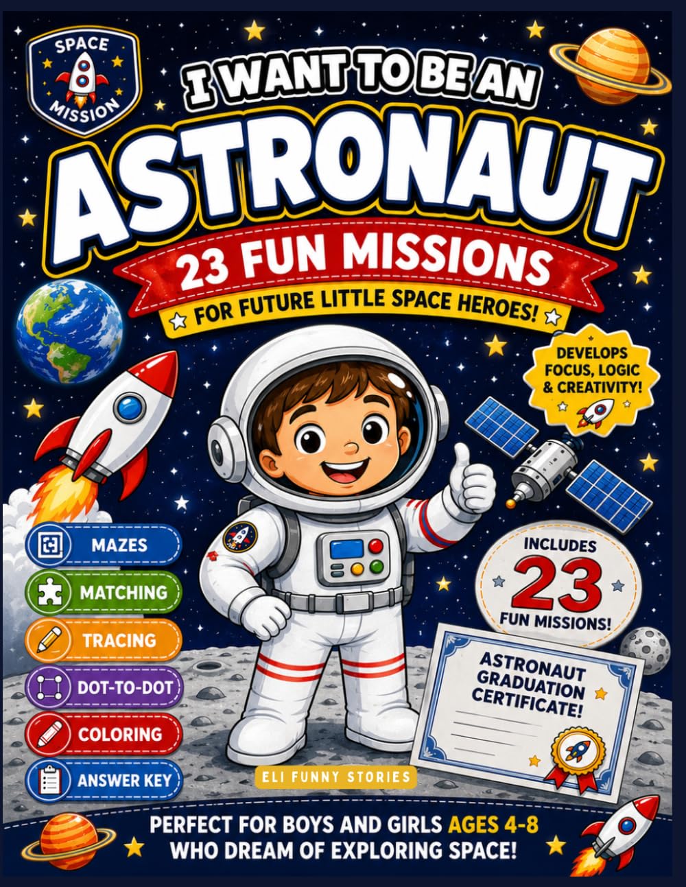 I Want to Be an Astronaut: Fun Activity Book for Kids Ages 4–8: Mazes, Matching Games, Tracing, Dot-to-Dot, Coloring Pages, Answer Key & Graduation Certificate