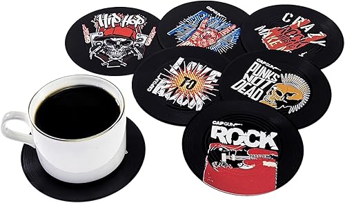 Miniatura 9 de Divertidos posavasos retro para discos de vinilo, juego de 6 posavasos creativos con soporte para tocadiscos de vinilo para amantes de la música,