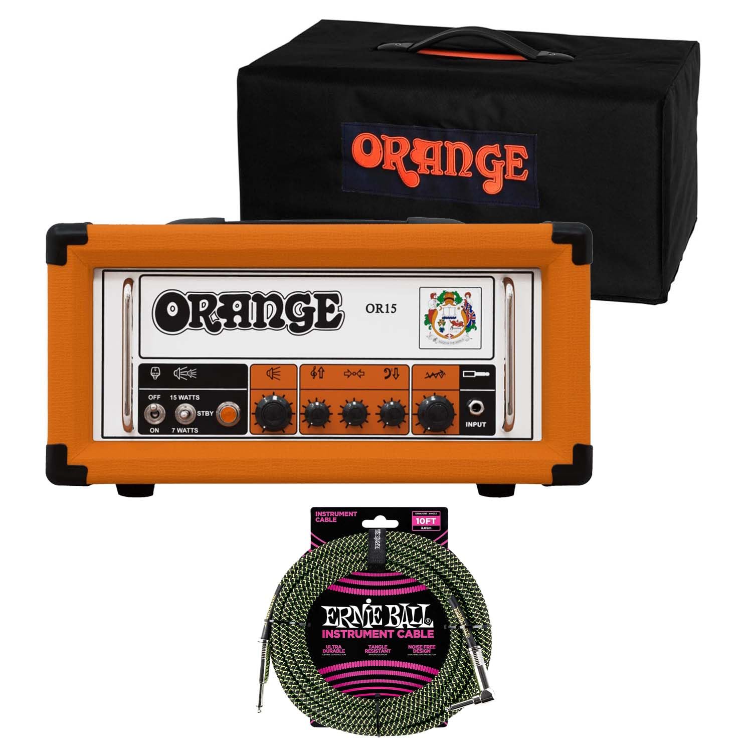 Orange OR15H 15W Tube Head (Orange), Orange Cover, Ernie Ball P06077 Bundle