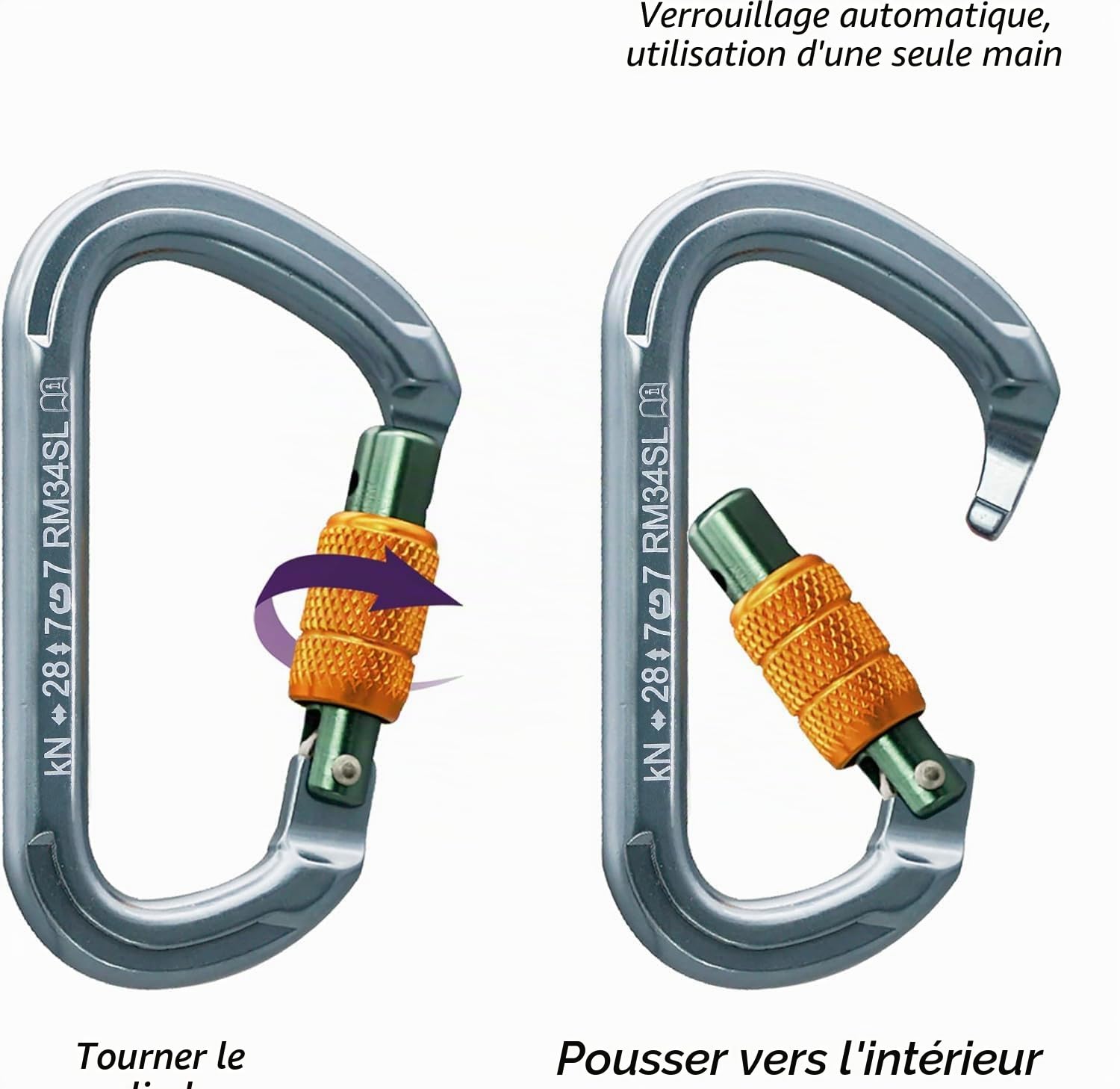 SOB Mousquetons Escalade Clips de Mousqueton à Verrouillage Automatique Aluminium Mousquetons Robustes pour Escalade, Descente en Rappel,Certification CE 2 Pièces