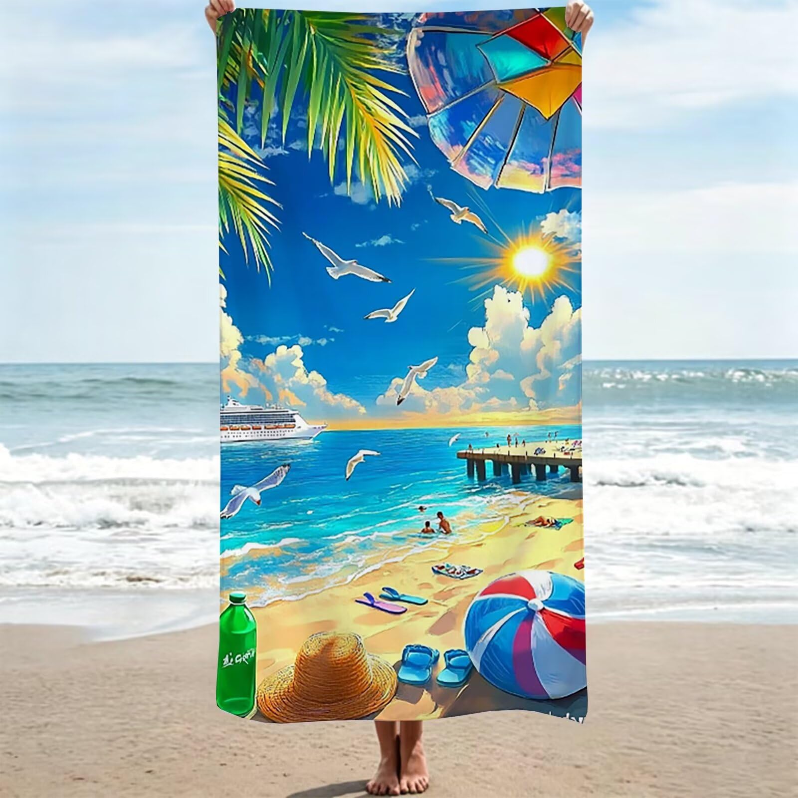 Serviette de plage 95x190 cm grand drap de bain été anti-sable motif coucher de soleil