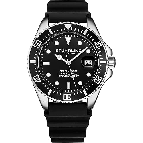 Stuhrling Original Men's Watch Dive Watch Silver 42 MM Case with Screw Down Crown Rubber Strap Water Resistant to 330 FT