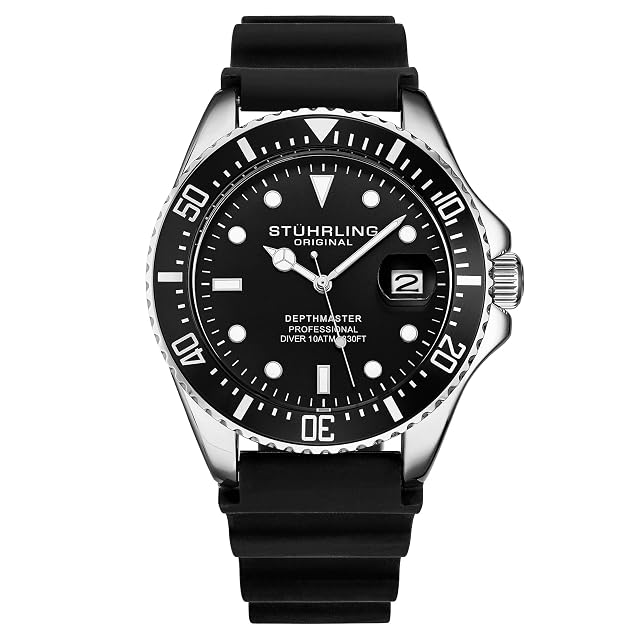 Stuhrling Original Mens Watch Dive Watch Silver 42 MM Case with Screw Down Crown Rubber Strap Water Resistant