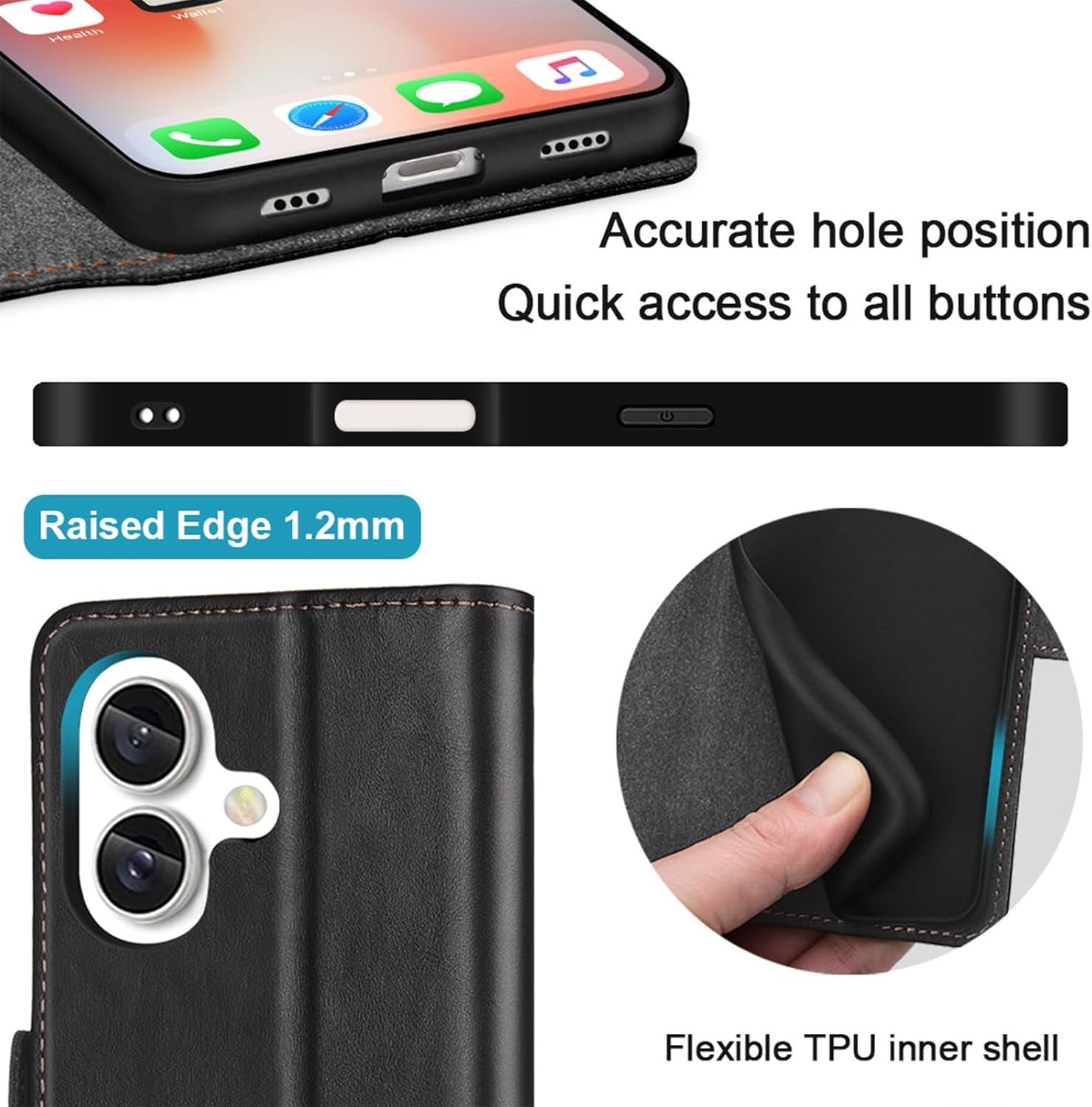 KEZiHOME Compatible with iPhone 16 Wallet Case, Genuine Leather RFID Blocking Folio Case with Card Holder, Magnetic Kickstand Phone Protective Flip Cover Case for iPhone 16 5G 6.1 inch (Black/Brown)