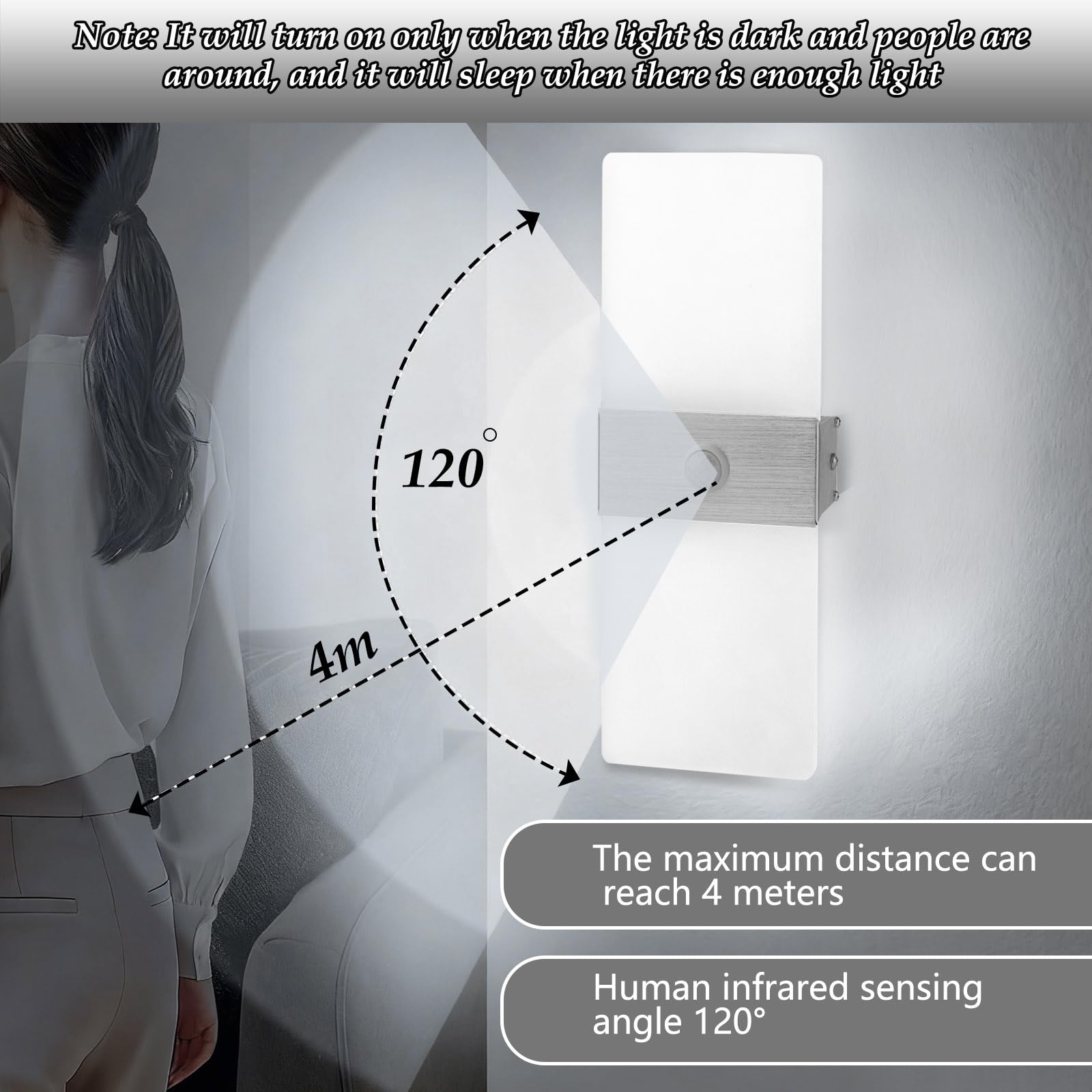Pack de 2 Aplique de Pared Interior Luz LED con Sensor de Movimiento 12W Lámpara de Pared Moderna Blanco Frío 6500K Acrílico Aluminio para Pasillo Escaleras Balcón Salón Entrada