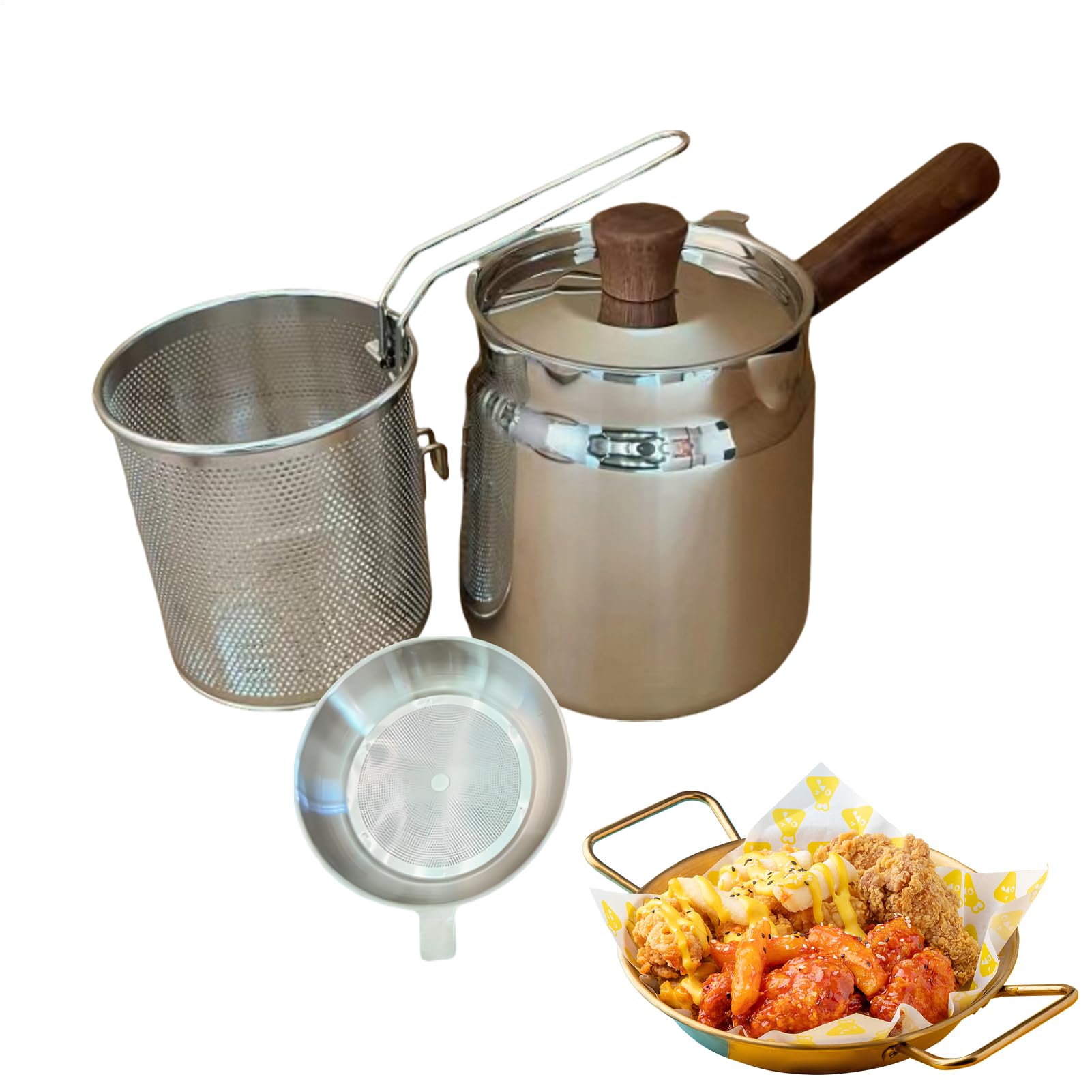 Olla Freidora Cacerola de Gran Capacidad con Cesta y Colador de Acero | Olla Para Freír Para Cocinar en Casa Patatas Fritas Pescado Palomitas Alimentos