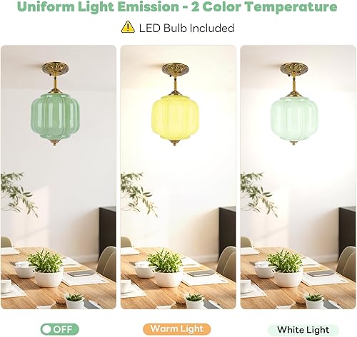 Miniatura 4 de Lámpara colgante de cristal de leche verde de 9 pulgadas, bombilla LED incluida, lámparas vintage de latón antiguo de mediados de siglo Art Deco